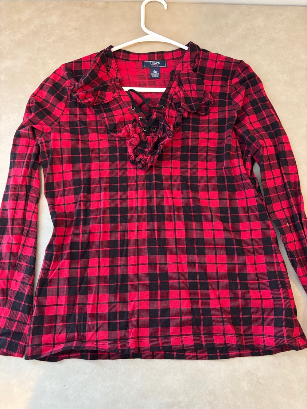 Chaps Red and Black Plaid Ruffle Lace-Up Long-Sleeve Top